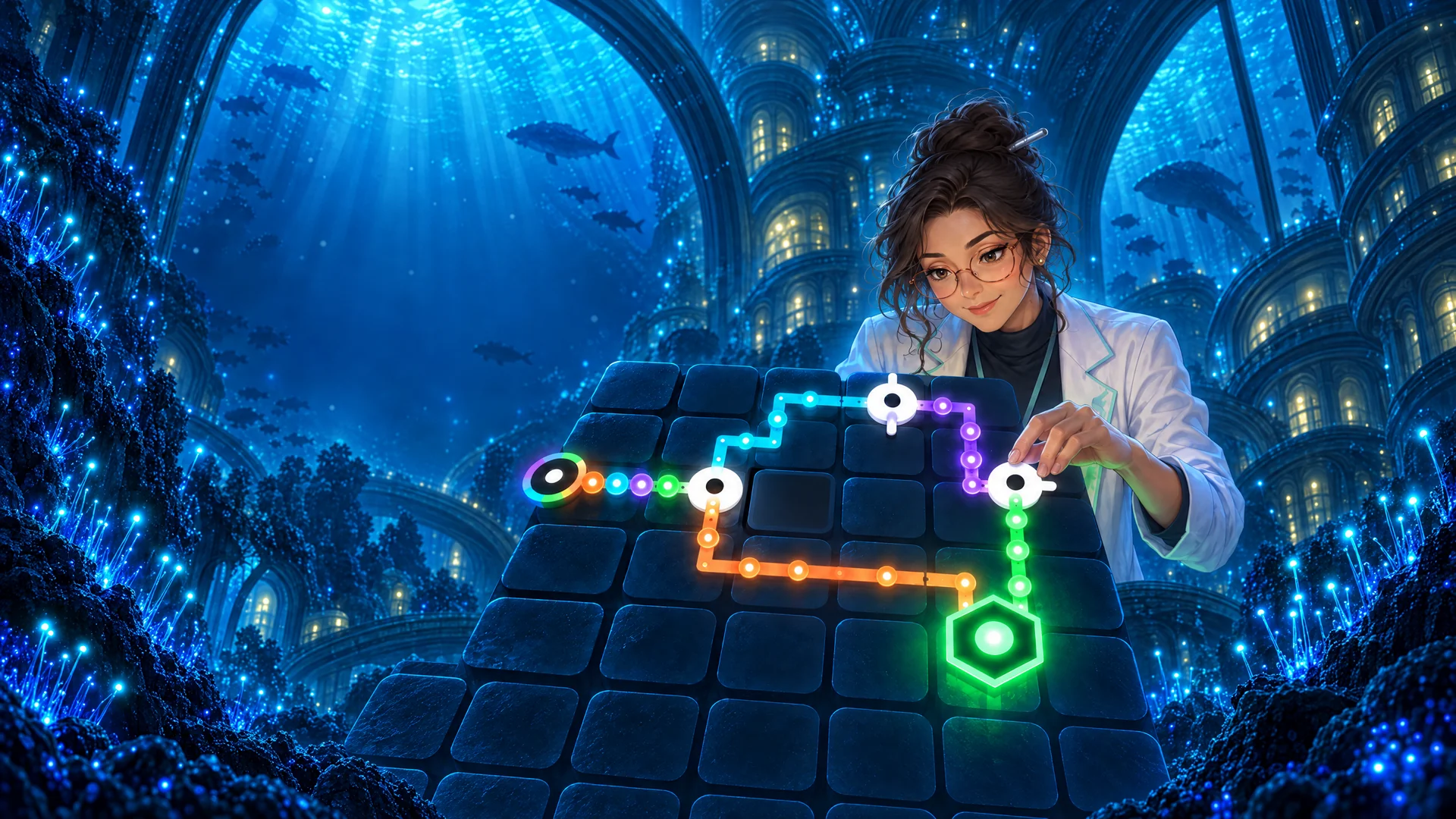Dr Ada Franklin, the Archive's curator, finishing a glowing machine on a board of dark tiles, deep under the sea.
