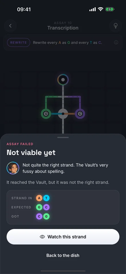 A failed assay in the game. The sheet reads Not viable yet, shows the strand that went in, what was expected and what came out, and offers to watch that strand.